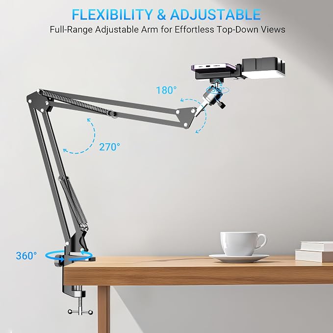 Overhead Phone Mount with Rechargeable Light for iPhone, Desk Tripod with Clamp for Content Creator Camera Recording, Top Down Holder Stand for Filming/Live/Cooking/Unboxing/Drawing/YouTube/TikTok