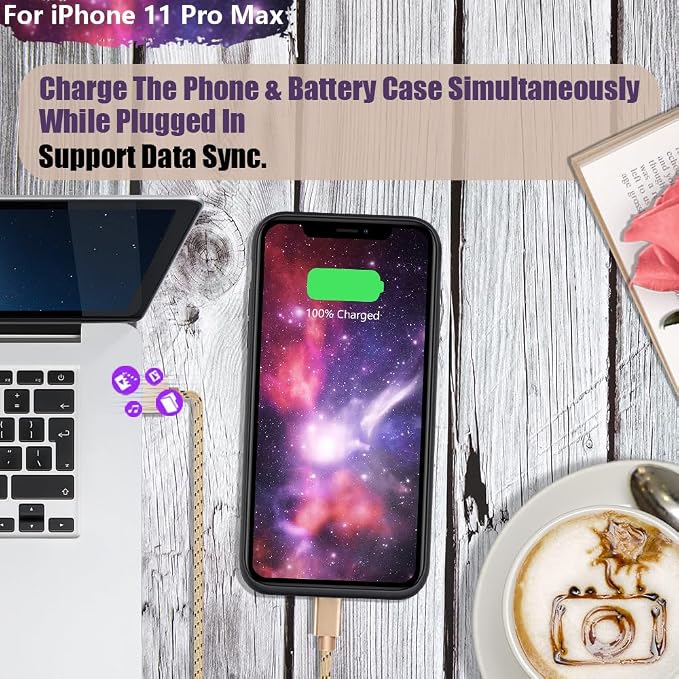 Sitong Battery Case for iPhone 11 Pro Max, 6000mAh Rechargeable Extended Battery Charging Charger Case, Add 110% Extra Juice, Support Wired Headphones Black