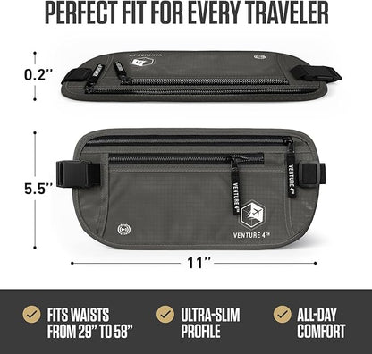 VENTURE 4TH Money Belt for Travel – Hidden Under-Clothes RFID Blocking Passport Holder & Slim Travel Wallet Pouch for Men & Women to Protect Cash, Cards & Documents (Gray)