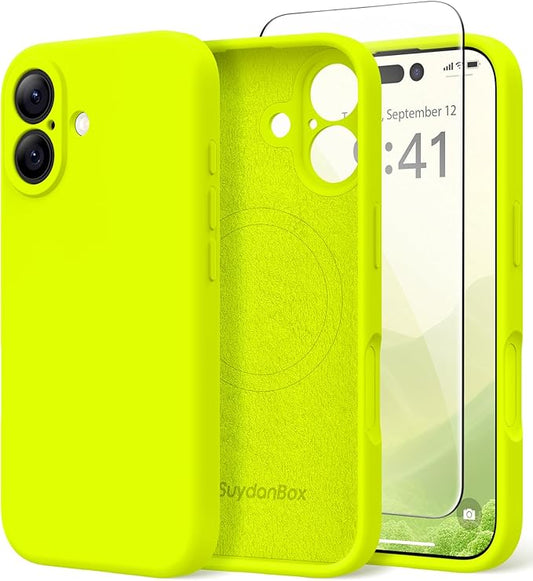 Magnetic for iPhone 17 Case, Compatible with MagSafe, [Full Camera Protection][Screen Protector] Silicone Shockproof Protective Phone Case for iPhone 17 6.3", Fluorescent Green