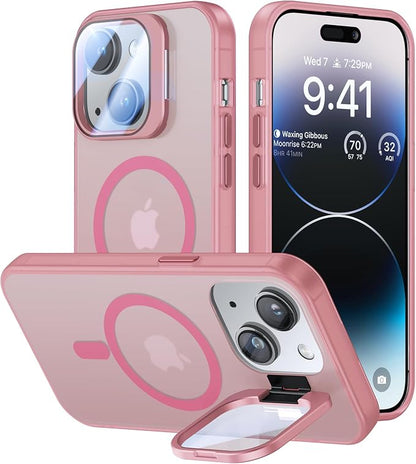 for iPhone 13 Case/iPhone 14 Case with Camera Cover Stand [Built-in 9H Camera Lens Protector][Fit for Magsafe] Military Grade Shockproof Translucent Matte Magnetic Phone Case 6.1",Pink