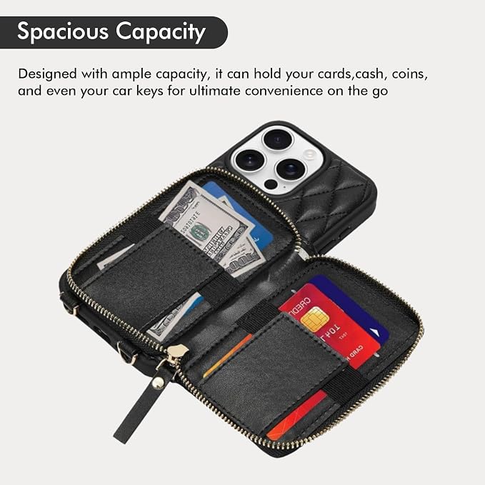 ZVE for iPhone 16 Pro Wallet Case for Women, PU Leather Shockproof Crossbody Phone Case with Card Holder for iPhone 16 Pro 6.3 Inch-Black