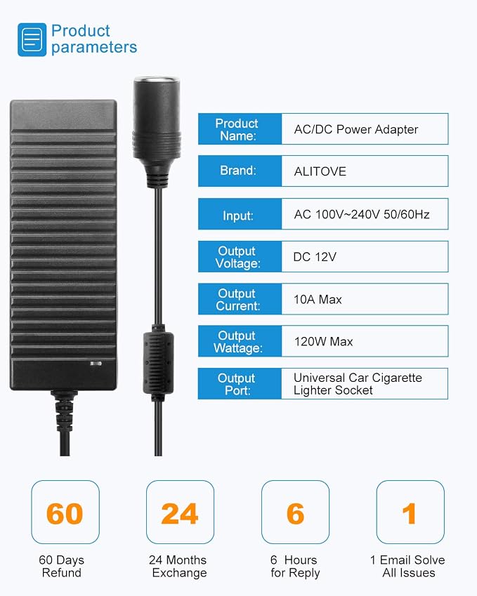 ALITOVE AC to DC Converter 110V to 12V 10A 120W Power Supply Car Cigarette Lighter Adapter to Wall Plug AC to DC Adapter for Car Vacuum Cleaner Inflator Refrigerator Cooler and Other Car Devices