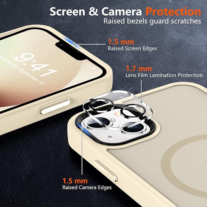 MOCCA Strong Magnetic for iPhone 13 Case, [Compatible with Magsafe][Screen Protector+Camera Lens Protector] Translucent Matte Back Slim Shockproof Case for iPhone 13 Phone Case 6.1", Light Gold