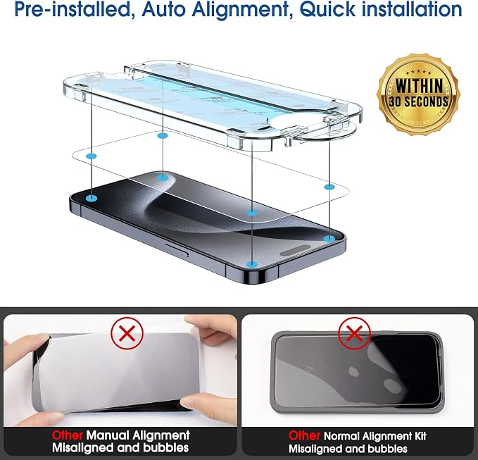 amFilm OneTouch 2+2 Pack Compatible with iPhone 15 Screen Protector 6.1" Tempered Glass with Camera Lens Protector Accessories, Premium Easiest Installation Kit 9H, Case Friendly Anti-Scratch HD