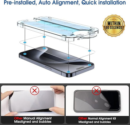 amFilm OneTouch 2+2 Pack Compatible with iPhone 15 Pro Screen Protector 6.1" Tempered Glass with Camera Lens Protector Accessories, Premium Easiest Installation Kit 9H HD, Case Friendly