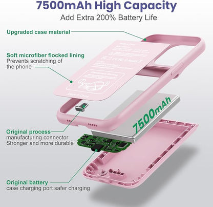 Feob Battery Case for iPhone 13/13 Pro/14,[2025 Upgraded] 7500 mAh Ultra-Slim Portable Extended Charger Cover for iPhone 13/13 Pro/14 Charging Case (6.1 Inch)-Pink