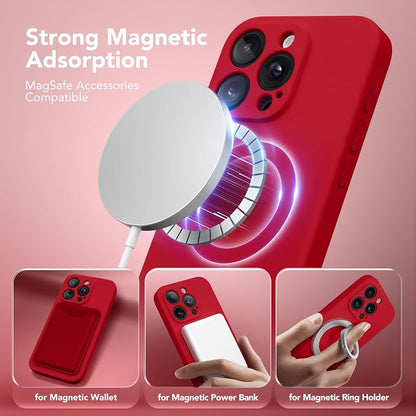 Magnetic for iPhone 15 Pro Max Case, Compatible with MagSafe, [Full Camera Protection][Screen Protector] Silicone Shockproof Protective Phone Case for iPhone 15 Pro Max 6.7", Deep Red