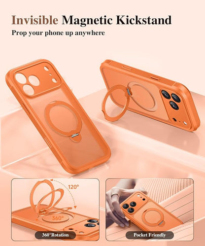 BERFY for iPhone 17 Pro Case, Compatible with MagSafe, Built in Privacy Screen Protector, Shockproof Full Body Phone Case for 17 Pro with Magnetic Stand, Translucent Orange
