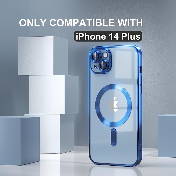 Misea Magnetic for iPhone 14 Plus Case Compatible with MagSafe [Never Yellowing] [Military Grade Drop Protection] Full Camera Lens Protector Plating Soft Clear Phone Case for Women Girls, Blue