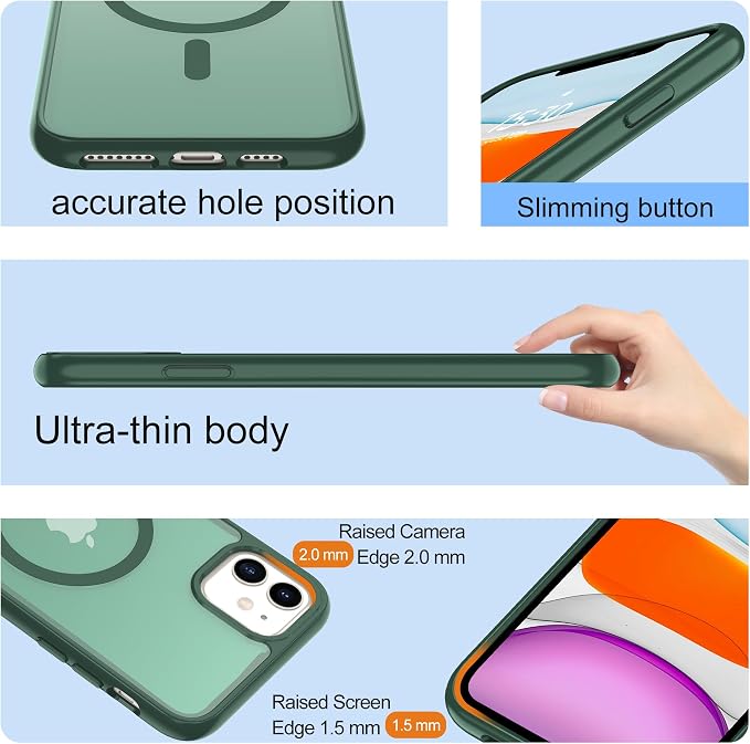 Pilaru for iPhone 11 Case & iPhone XR Case [Compatible with Magsafe] Translucent Matte Magnetic Case with Screen Protector,SlimThin Shockproof Protective Cover for iPhone 11 & iPhone XR-Dark Green