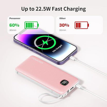 penaover Portable Charger with Built-in Cables&AC Wall Plug,Slim 10000mAh 22.5W Fast Charging Power Bank,5 Output 2 Input USB-C External Battery Pack Compatible with iPhones,Samsung,Android, etc