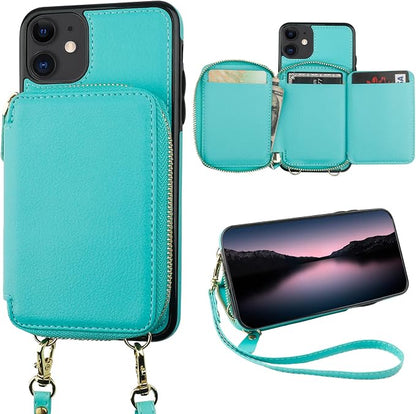 Bocasal RFID Blocking Wallet Case for iPhone 11, Adjustable Crossbody Zipper Purse Case Card Holder with Kickstand Detachable Wrist Strap, PU Leather Flip Folio Case 6.1 Inch (Mint Green)