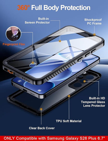 MOZOTER Designed for Samsung Galaxy S26+ Plus Case Waterproof, Military Shockproof Full Body Cover with Built-in Screen & Lens Protector, IP68 Underwater Protection for S26 Plus 6.7" Black