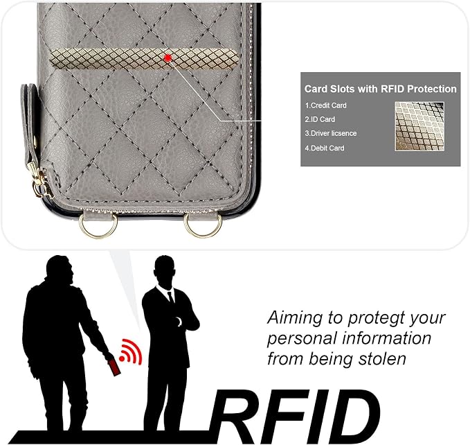 Bocasal Crossbody Wallet Case for iPhone 11, RFID Blocking PU Leather Zipper Handbag Purse Flip Cover, Kickstand Folio Case with Card Slots Holder Wrist Strap Lanyard 6.1 Inch (Grey)