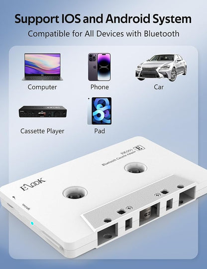 Elook Car Audio Receiver, Bluetooth Cassette Receiver Tape Aux Adapter Player with Bluetooth 5.0, White
