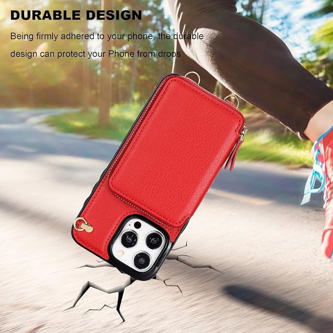 Bocasal Crossbody Wallet Case for iPhone 15 Pro Max, RFID Blocking Leather Purse Case with Card Holder, Protective Handbag Flip Cover with Zipper Wrist Strap Lanyard for Women 5G 6.7 Inch (Red)