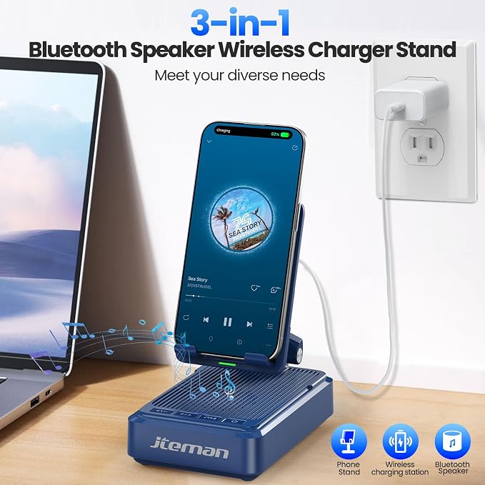 Jteman Gifts for Men Women - Bluetooth Speaker with Cell Phone Stand and Wireless Charger,Wireless Charging Stand Phone Holder for Desk Birthday Gift Idea for Dad Mom (Blue)