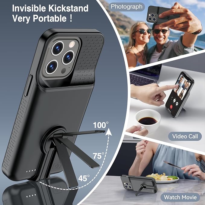 BOPPS for iPhone 13 Pro Max/14 Pro Max/14 Plus with Stand,Ultra Slim 8500 Portable Rechargeable Strong Protective Extended Case Cover for iPhone 14 pro max,13 pro max ，Black