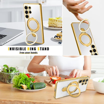 Magnetic for Samsung Galaxy S24 Ultra Case Stand & Ring Holder Compatible with MagSafe Built-in Camera Lens Protector Phone Case for Samsung S24 Ultra - Gold
