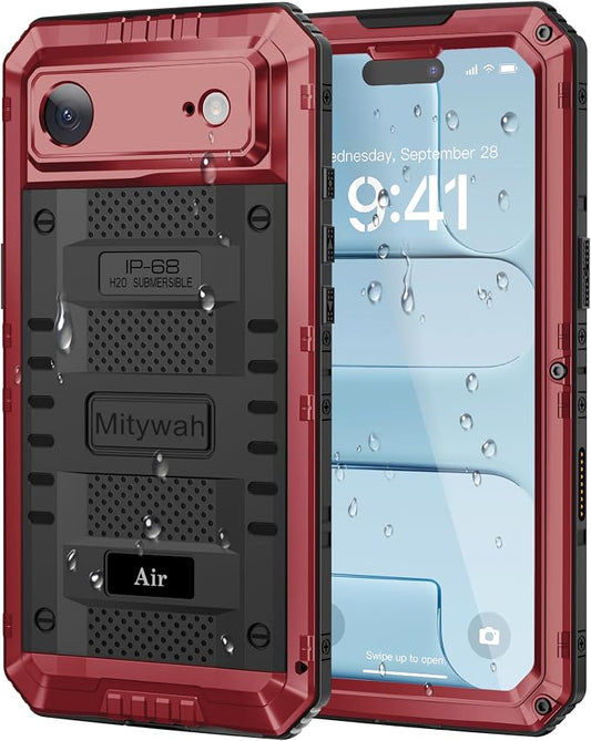 Mitywah Waterproof Case for iPhone Air, Military Grade Rugged Metal Case with Built-in Screen Protector, Heavy Duty Full Body Shockproof Protective Cover for 17 Air 6.5 inch, Red
