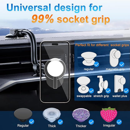 Car Phone Mount for Collapsible Grip/Socket Mount User,Windshield/Dashboard/Vent Phone Holder with Strong Suction Cup,13-Inches Long Arm Gooseneck Cell Phone Cradle for Swappable Grip Stand