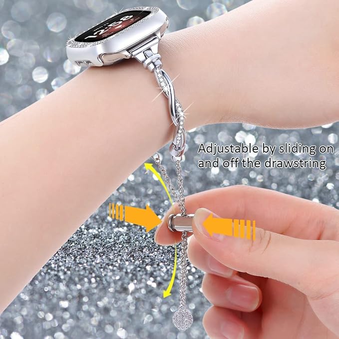 Bling Band Compatible with Fitbit Versa 4/Sense, Fitbit Versa 3/ Sense 2, Double Twist Metal Bangle Bracelet with Rhinestones for (Fitbit Versa 3/Sense, Silver)