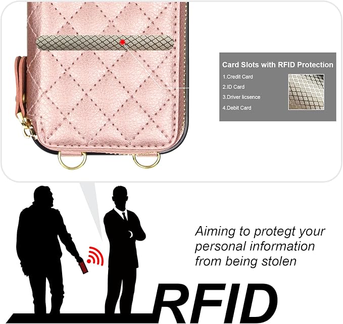 Bocasal Crossbody Wallet Case for iPhone 17 Pro, RFID Blocking PU Leather Zipper Handbag Purse Flip Cover, Kickstand Folio Case with Card Slots Holder Wrist Strap Lanyard 5G 6.3 Inch (Rose Gold)