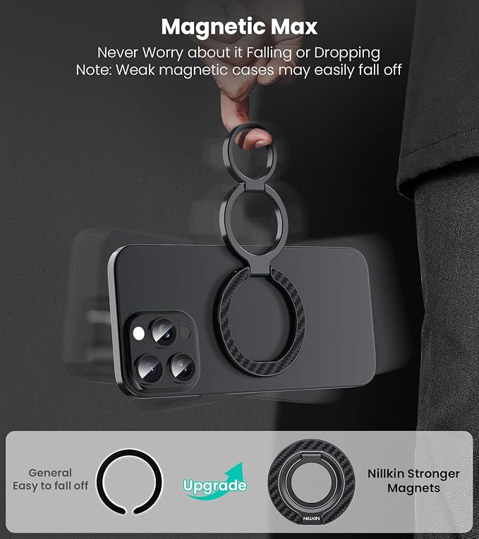 Nillkin MagSafe Phone Grip Ring Holder for Dual-Sided Magnet, Removable Magnetic Phone Ring Holder for iPhone 17/16/Pixel Snap Grip, Carbon Fiber, MagSafe Ring Stand, Accessories for iPhone, Black ﻿