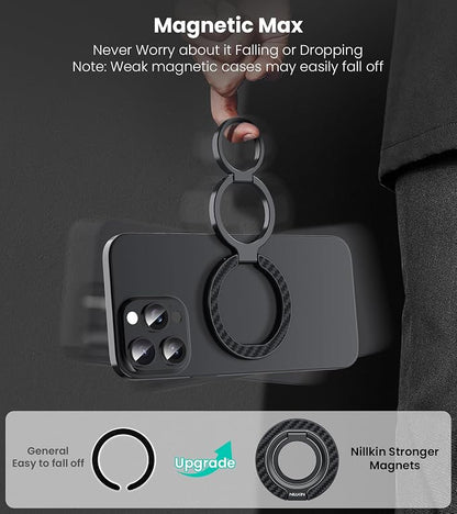 Nillkin MagSafe Phone Grip Ring Holder for Dual-Sided Magnet, Removable Magnetic Phone Ring Holder for iPhone 17/16/Pixel Snap Grip, Carbon Fiber, MagSafe Ring Stand, Accessories for iPhone, Black ﻿