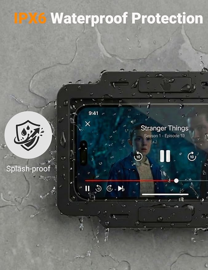 Shower Phone Holder Waterproof 360° Adjustable Rotating, Anti-Fog Touch Screen Wall Mount Phone Stand for Bathroom Mirror Bathtub Kitchen, Fits iPhone 17 16 15 Pro Max for 4-7" Cellphones Black