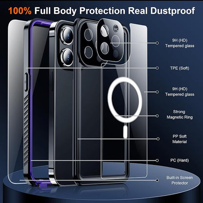 SPIDERCASE Magnetic for iPhone 13 Pro Max Case Waterproof,Built-in Screen & Camera Lens Protector[IP68 Underwater] [Military Grade Shockproof] Full Body Protection Phone Case,Purple/Clear