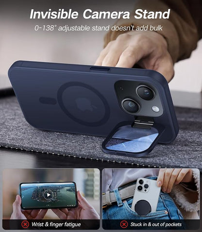 for iPhone 13 Case/iPhone 14 Case with Camera Cover Stand [Built-in 9H Camera Lens Protector][Fit for Magsafe] Military Grade Shockproof Translucent Matte Magnetic Phone Case 6.1", Blue