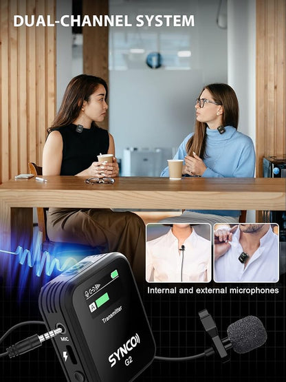 SYNCO Wireless Lavalier Microphone, G2(A2) 2.4G Dual Transmitter 48KHz 24Bit Lapel Mic 656FT 8H for Vlogging Live Streaming YouTube for Camera Smartphone Tablet