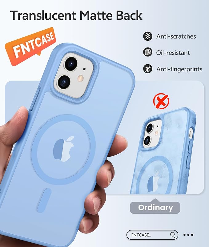 FNTCASE for iPhone 13 Mini Case: for iPhone 12 Mini Case [Compatible with Magsafe] Translucent Matte Magnetic Phone Cover - Military Grade Drop Protection Shockproof Protective Cases - Light Blue