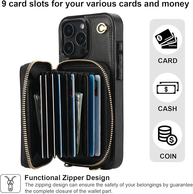 Bocasal Crossbody Wallet Case for iPhone 16 Pro Max, RFID Blocking Leather Purse Case with Card Holder, Protective Handbag Flip Cover with Zipper Wrist Strap Lanyard for Women 5G 6.9 Inch (Black) | RFID Blocking, Leather, Purse Case, Card Holder, Prote...