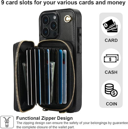 Bocasal Crossbody Wallet Case for iPhone 16 Pro Max, RFID Blocking Leather Purse Case with Card Holder, Protective Handbag Flip Cover with Zipper Wrist Strap Lanyard for Women 5G 6.9 Inch (Black) | RFID Blocking, Leather, Purse Case, Card Holder, Prote...
