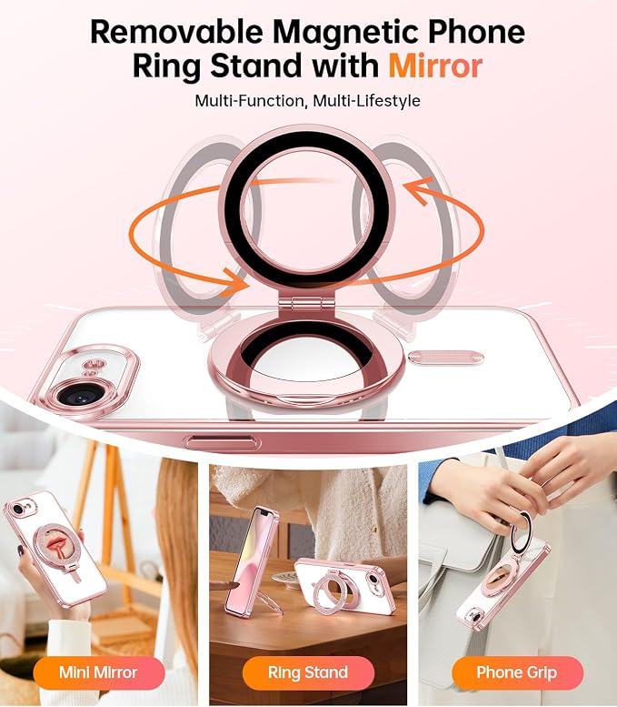 Meifgino Magnetic Case with Removable Phone Ring Stand for iPhone 16E 6.1’’, [Glitter Card & Wrist Strap] [MagSafe Compatible] [Built in Mirror] Phone Ring Stand + Phone Case Kit, Rose Gold