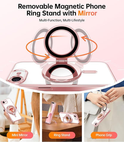 Meifgino Magnetic Case with Removable Phone Ring Stand for iPhone 16E 6.1’’, [Glitter Card & Wrist Strap] [MagSafe Compatible] [Built in Mirror] Phone Ring Stand + Phone Case Kit, Rose Gold