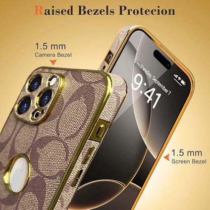 Compatible with iPhone 16 Pro Max Case with Logo View, Luxury Elegant Full Protection Slim Shockproof Leather Case with Camera Lens Protector Phone Cover for iPhone 16 Pro Max Khaki