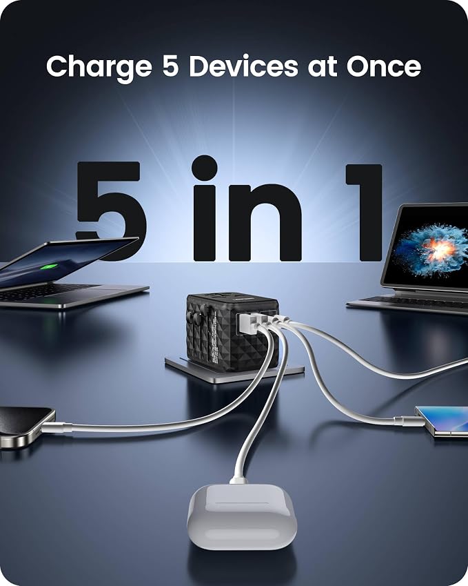 LENCENT 65W Universal Travel Adapter, GaN International Fast Charger | 2 USB-A &2 USB-C Power Plug Converter, Power Outlet Adapter for Phones,Laptops, All in One Travel Essentials for EU/USA/UK/AU