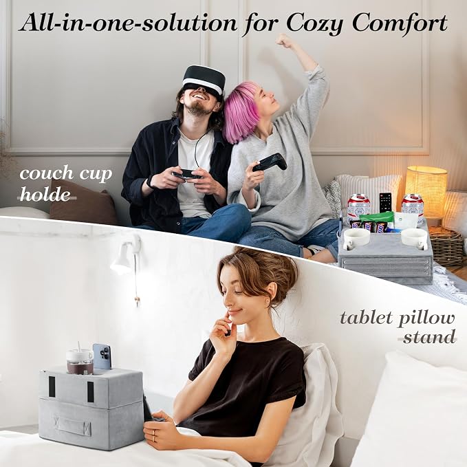 Luxspire Couch Cup Holder, Couch Caddy with 8 Holes and Side Pocket, Couch Cup Holder Tray for iPad/Drinks/Remote Control/Snacks Holder, Gray