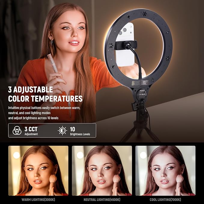 NEEWER Entry Level Version 10.5" Desk Ring Light w Tripod Stand/Phone Holder Compatible with iPhone, Timer/Remote, 10W CRI85+ LED Lighting for Selfie Makeup Streaming Recording Video Conference, N25