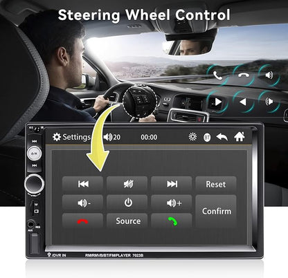 CAMECHO 7" Double Din Car Stereo Audio Bluetooth MP5 Player USB FM Multimedia Radio+ 4 LED Mini Backup Camera with Steering Wheel Remote Support Mobile Phone Synchronization (Used in Android/iOS)