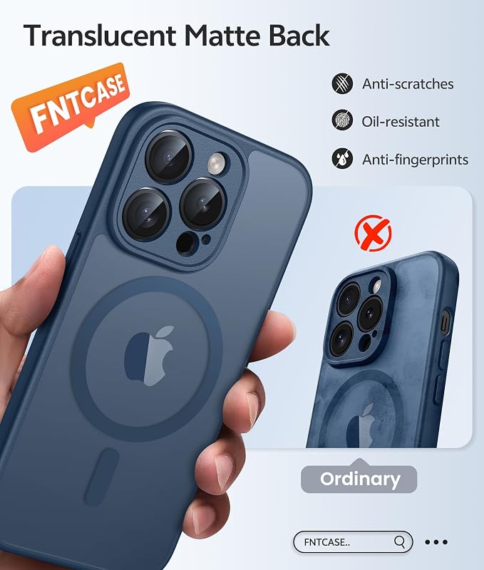 FNTCASE for iPhone 14 Pro Case: [Compatible with Magsafe] Translucent Matte Cases with [Full Camera Protection] [Screen Protector] Military Grade Shockproof Protective Phone Cover - Blue