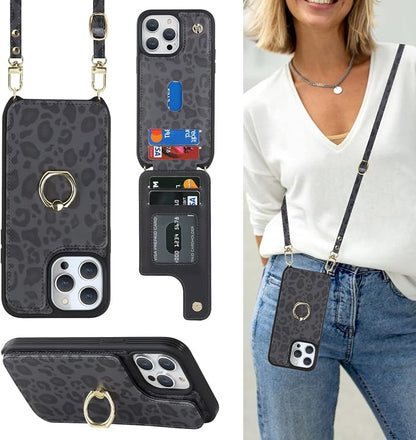 Lipvina for iPhone 13 Pro Case with Card Holder and Strap for Women,Crossbody Lanyard,RFID Blocking,Kickstand Ring Stand,Snap Clasp,Cute Phone Wallet Cases 6.1 inch(Black Leopard)