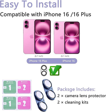 2 Pack Camera Lens Protector for iPhone 16/16 Plus,[Not Easy to Breakn ] AR Tempered Glass Strong Adsorption Metal Camera Cover Screen-Azure