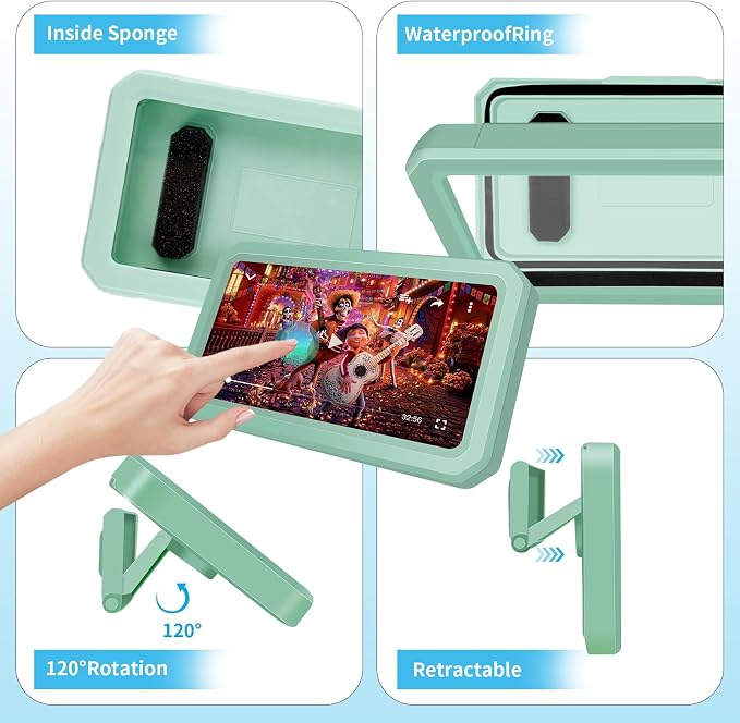 Shower Phone Holder Waterproof, 480° Rotatable Retractable Adjustable Anti-Fog High Sensitivity Touch Screen Bathroom Shower Phone Case, Bathroom Wall Phone Mount for 4-7" Cellphones (Green)