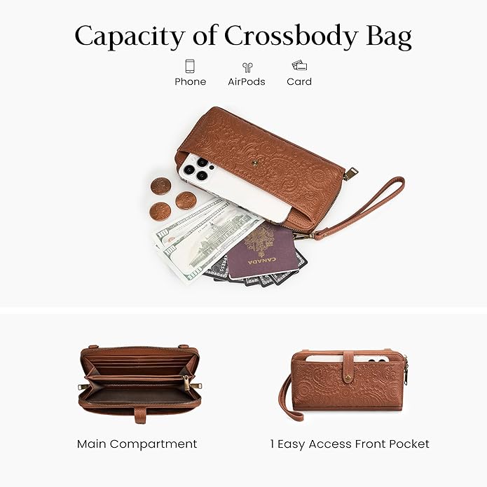 befen Leather Wristlet Wallet for Women Cell Phone Purse with Built in Wallet Vintage Leather Crossdody Bag Clutch Purse