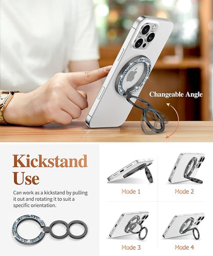 GVIEWIN Magnetic Phone Ring Holder, Compatible with MagSafe Phone Grip with Adjustable Stand, Magnet Phone Ring Kickstand for iPhone 17/16/15/14/13/12 Pro Max Plus Air/Other Phones (Glitter/Black)